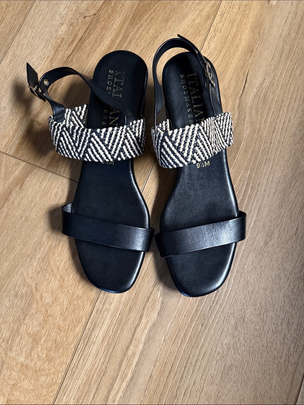 Italian Shoemakers Black Sandals with Ivory Braided Strap